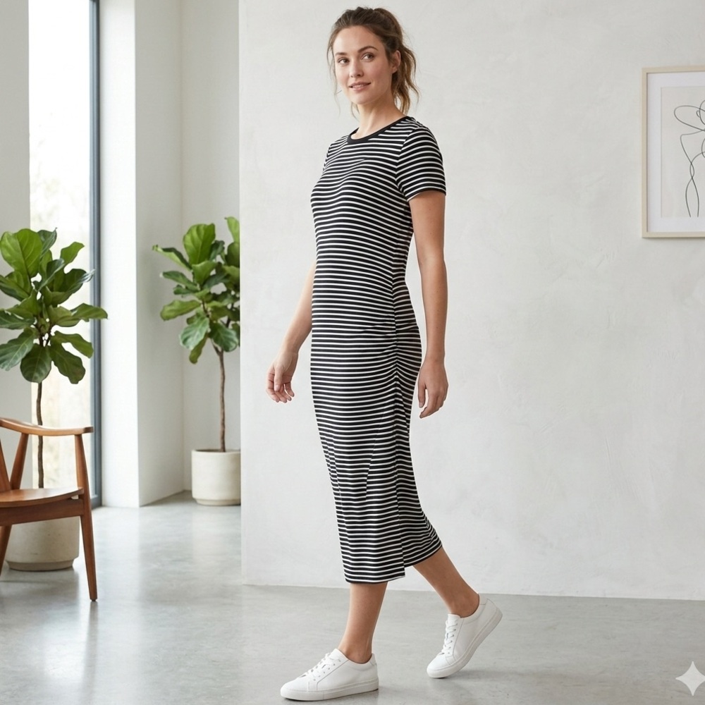 GAP Black and White Striped Short Sleeve Jersey Knit Dress Ruched Side Size M